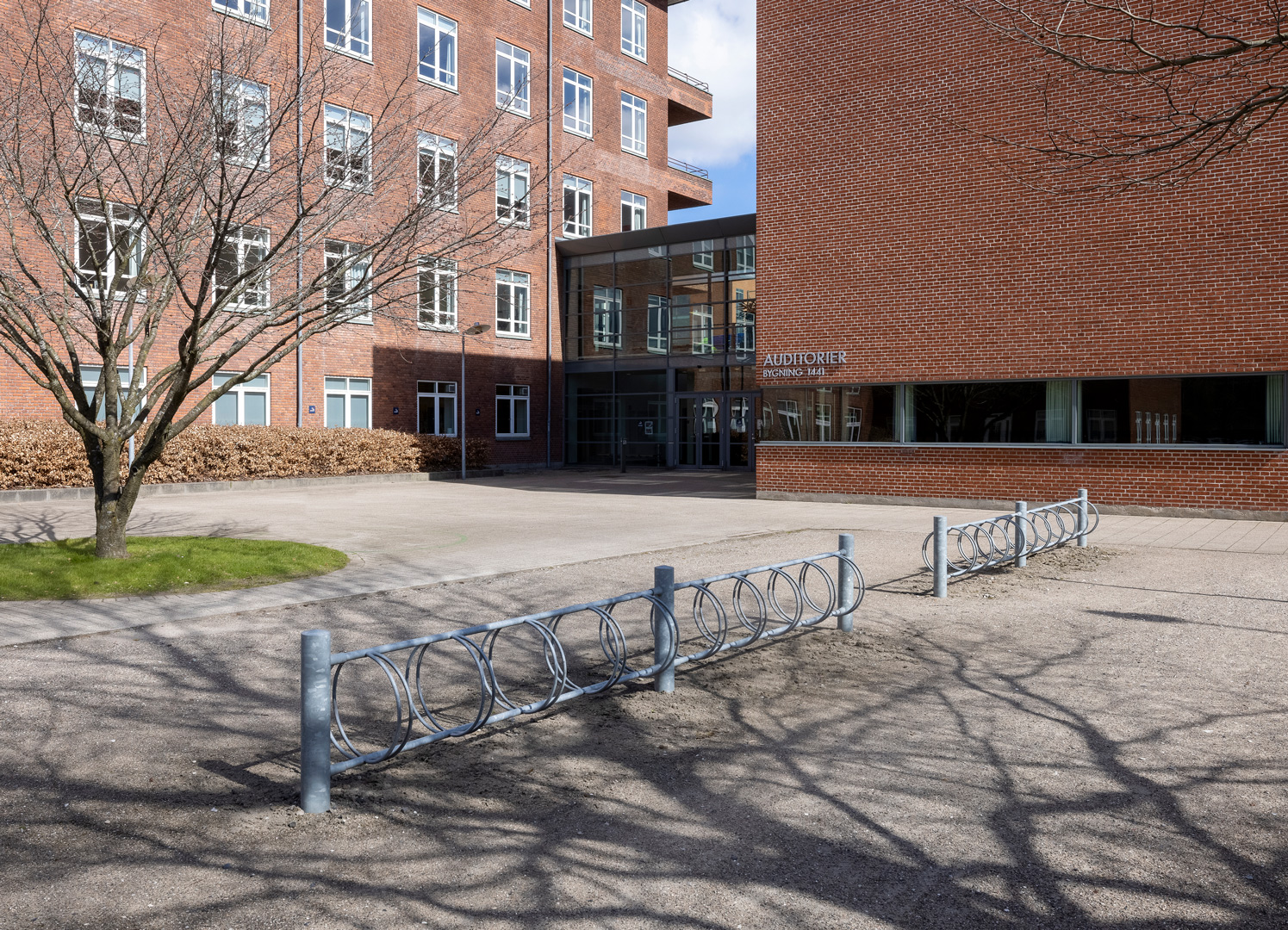 Modular bicycle rack stands in front of educational institution